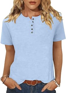 TICTICMIMI Womens Crew Neck Short Sleeve Tops Summer Basic Button T-Shirts Loose Cute Tunic Tee Blouses Fit Pullover