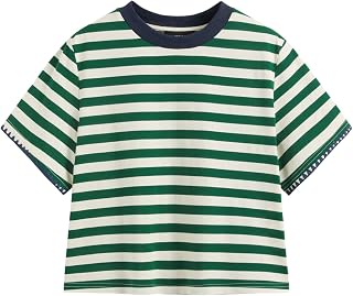 CIDER Women Stripe Crop Boxy Top Oversized Summer Crew Neck T-Shirt Cotton-Blend Short Sleeve Tee