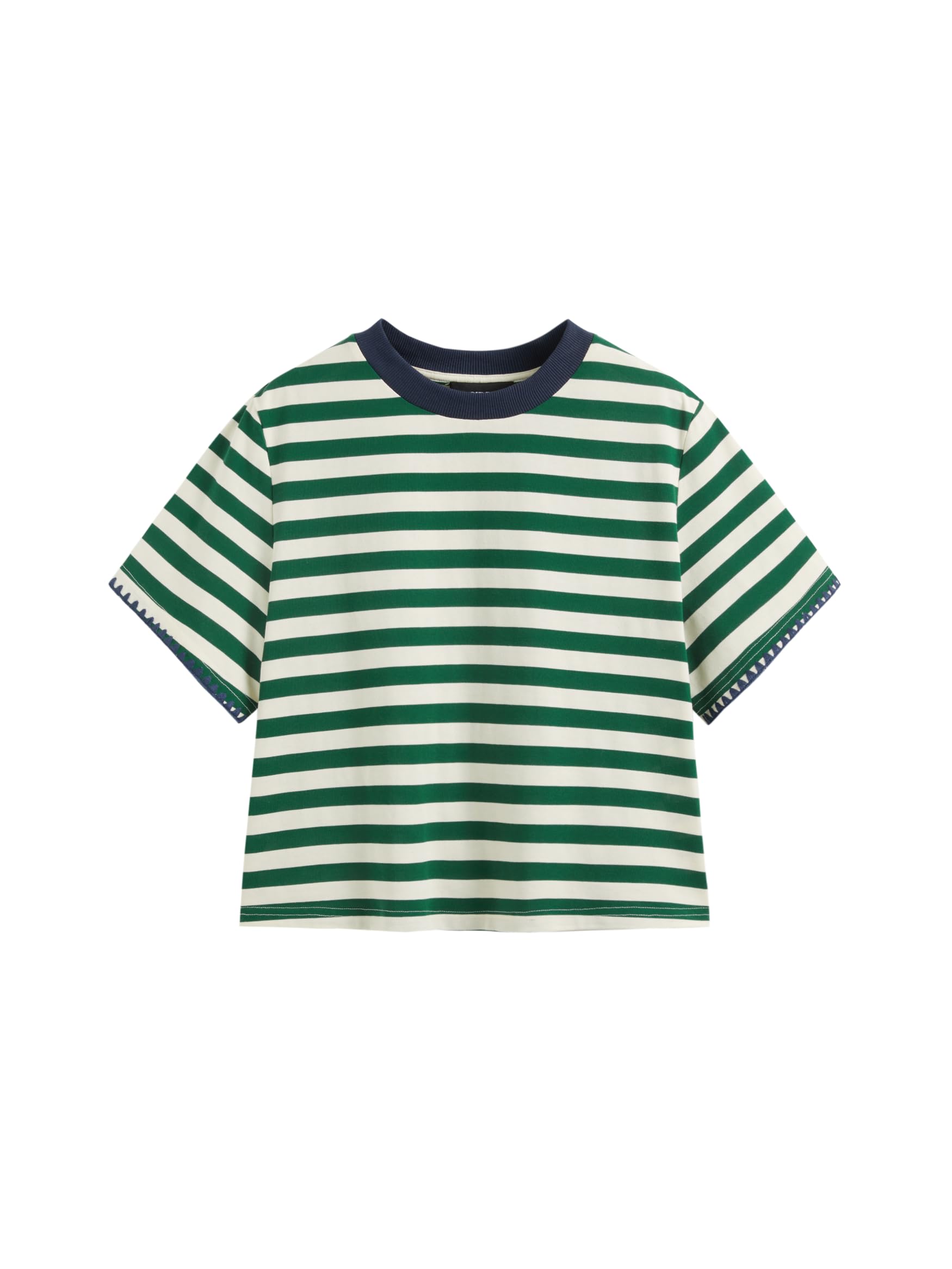 CIDER Women Stripe Crop Boxy Top Oversized Summer Crew Neck T-Shirt Cotton-Blend