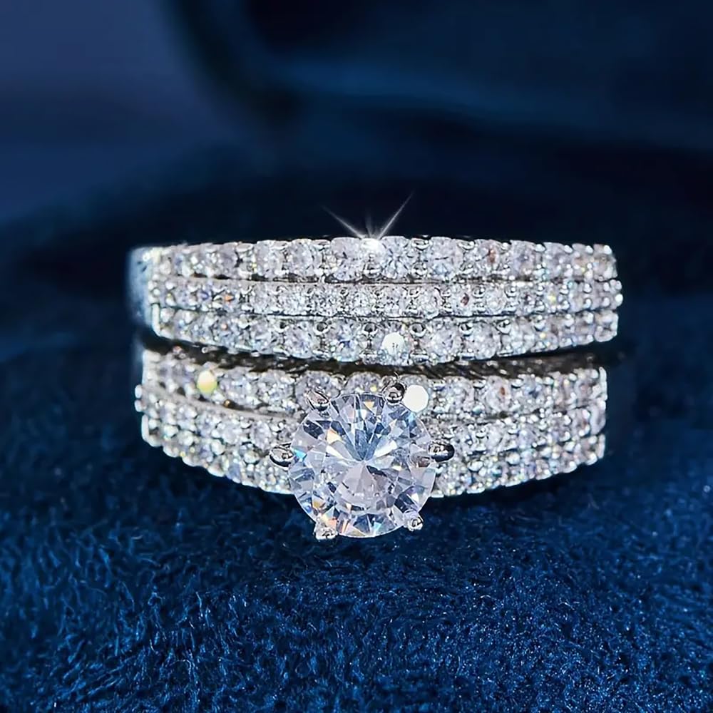 Women's Two Piece Ring Set 6 Prong Set Round Cubic Zirconia