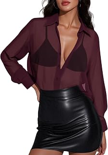 Prettywear Women Sheer Long Sleeve Top Sheer Mesh Oversized Sexy Trendy Button Down Shirt Tunic