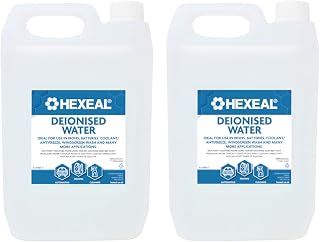 Hexeal Deionised Water 10L - For Steam Irons, Car Batteries & Vehicles | 2 x 5L - Also For Windscreen Fluid & Antifreeze. Demineralised Water, Reduces Limescale & Stains - Not Distilled