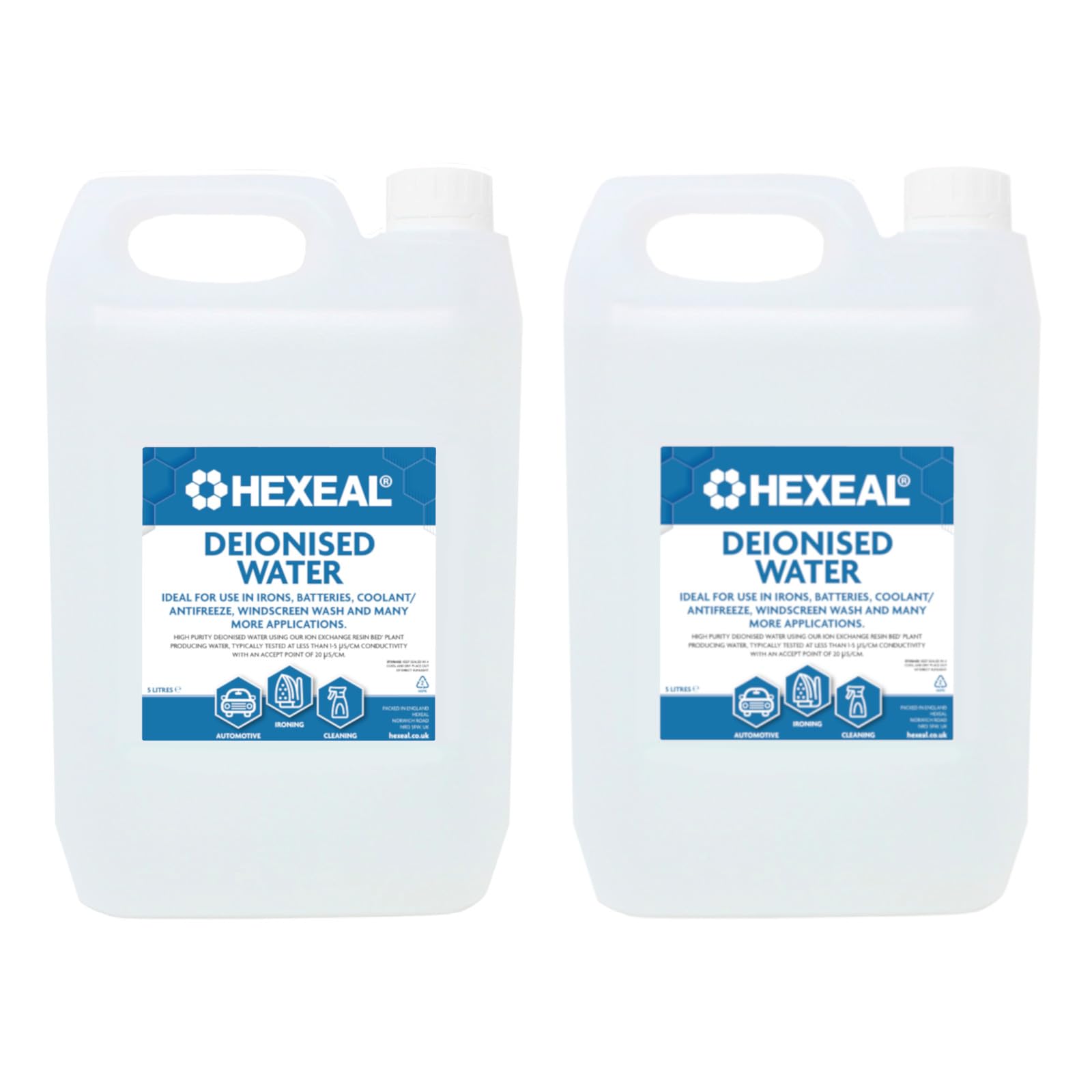 Hexeal Deionised Water 10L - For Steam Irons, Car Batteries & Vehicles | 2 x 5L 