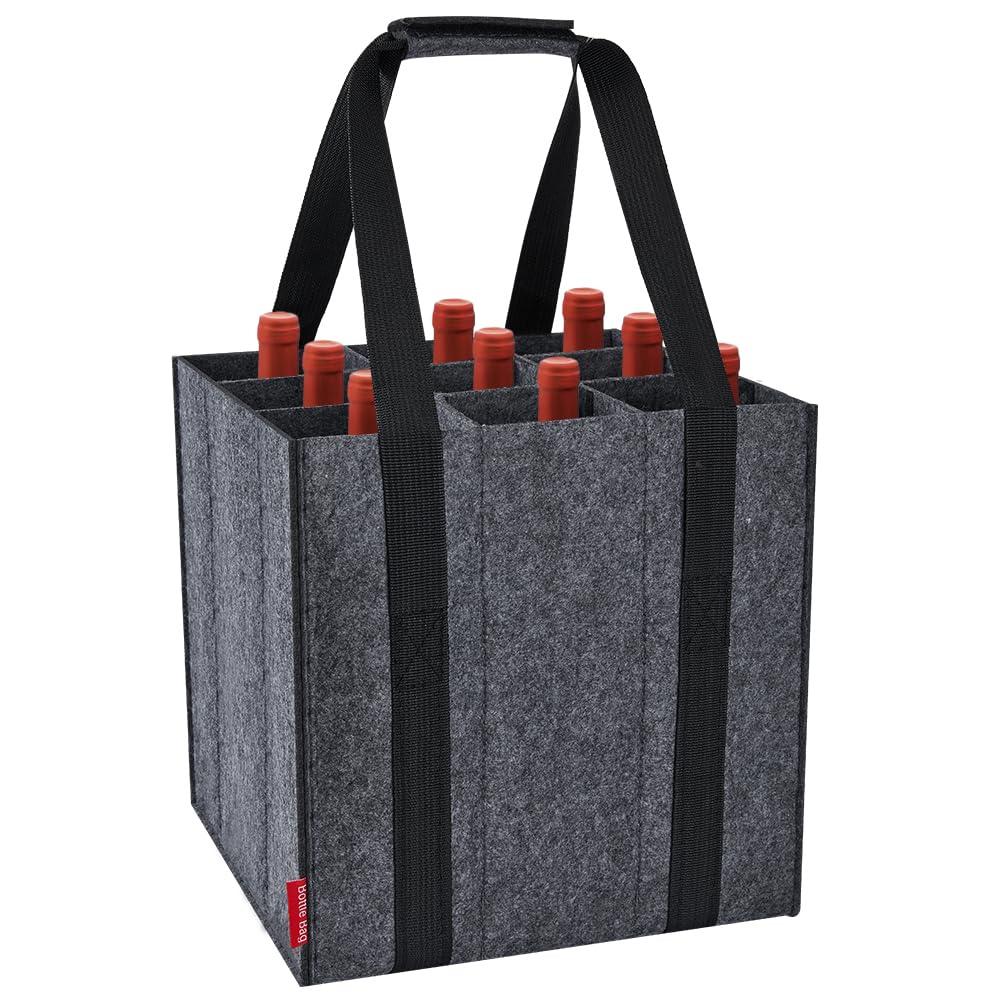 Eurhomewit Bottle Bag 9 Compartments, Wine Bottle Carrier Felt Wine Tote Bag Hol