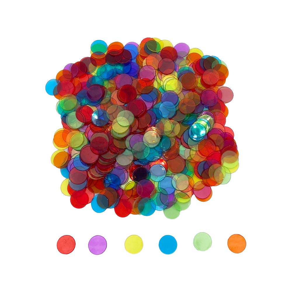 JUNWRROW 500 PCS 3/4 inch Transparent 6 Color Bingo Counting Chips with Bag