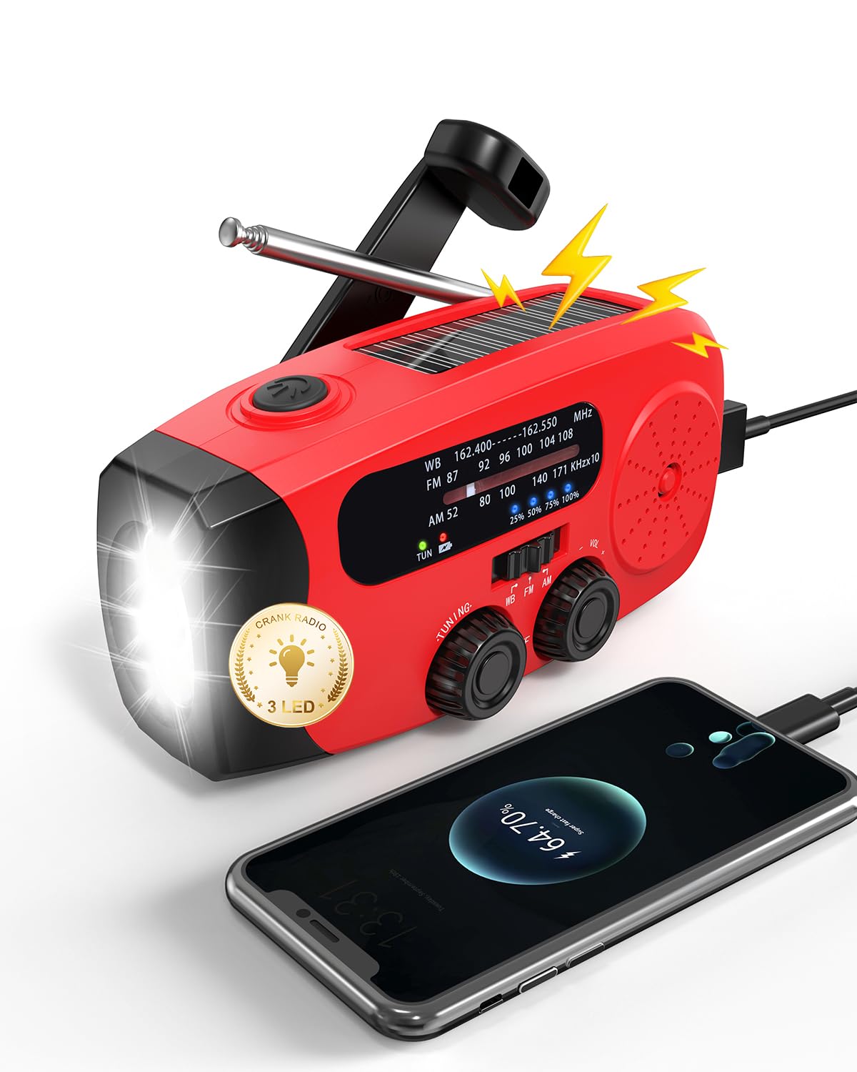 Emgykit Hand Crank Radio with AM/FM/NOAA Weather Band,for Emergencies | 3 LED Fl