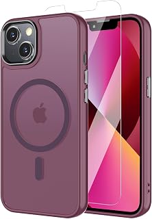 Magnetic Case for iPhone 13, iPhone 14 with Screen Protector, [Compatible with Magsafe] Ultra Slim Translucent Matte Shockproof Protection Phone Cover-Wine Red