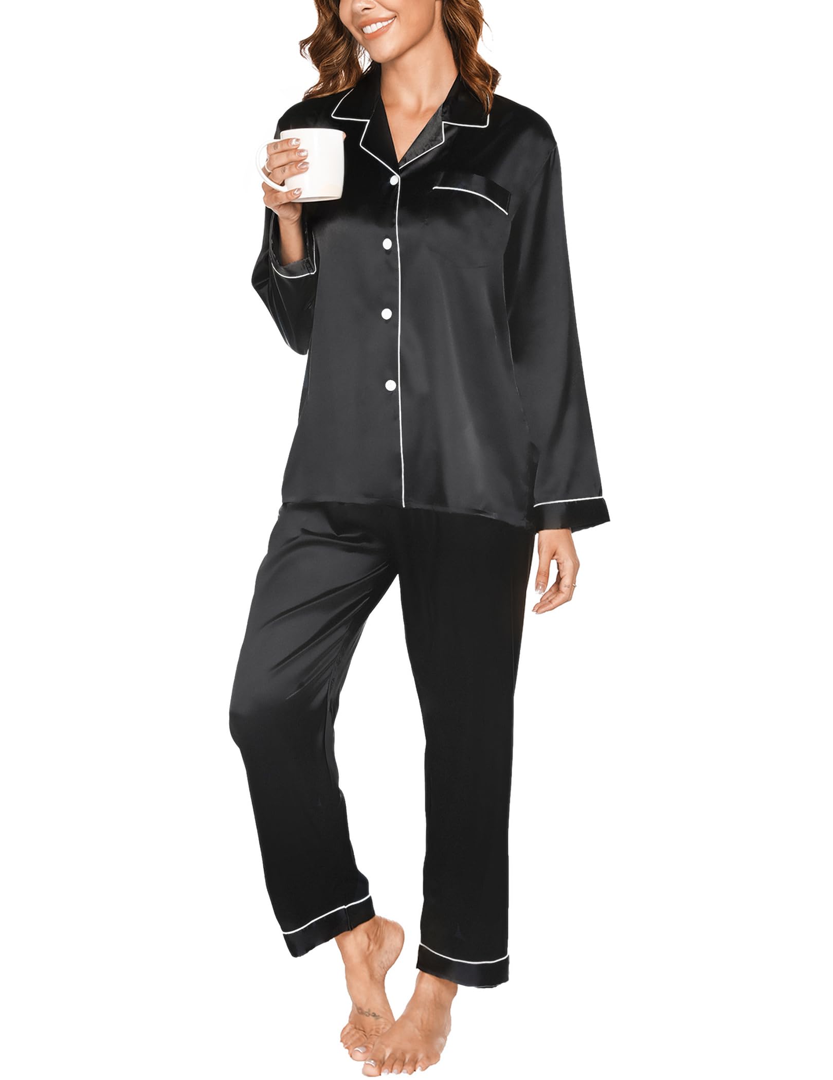 Women's Pyjama Sets Silk Satin Long Sleeve Button Down Ladies Pyjamas two Piece 