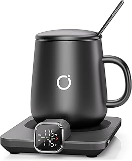 Coffee Cup Warmer & iKago Mug Set, 1℉ Precise Temp Control Mug Warmer | Auto Shut Off, Infrared Sensor, Dual Temp Display, ℉/℃ Optional, 15oz Mug with Spoon & Lid Included, Gifts for Men Women
