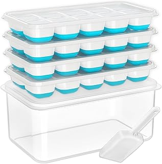DOQAUS Ice Cube Tray with Lid and Bin,4 Pack Ice Cube Trays for Freezer | Silicone,Stackable. Easy Release Trays with Storage Bin & Scoop. Ideal for Freezer, Kitchen, RV, Cocktail, Coffee.