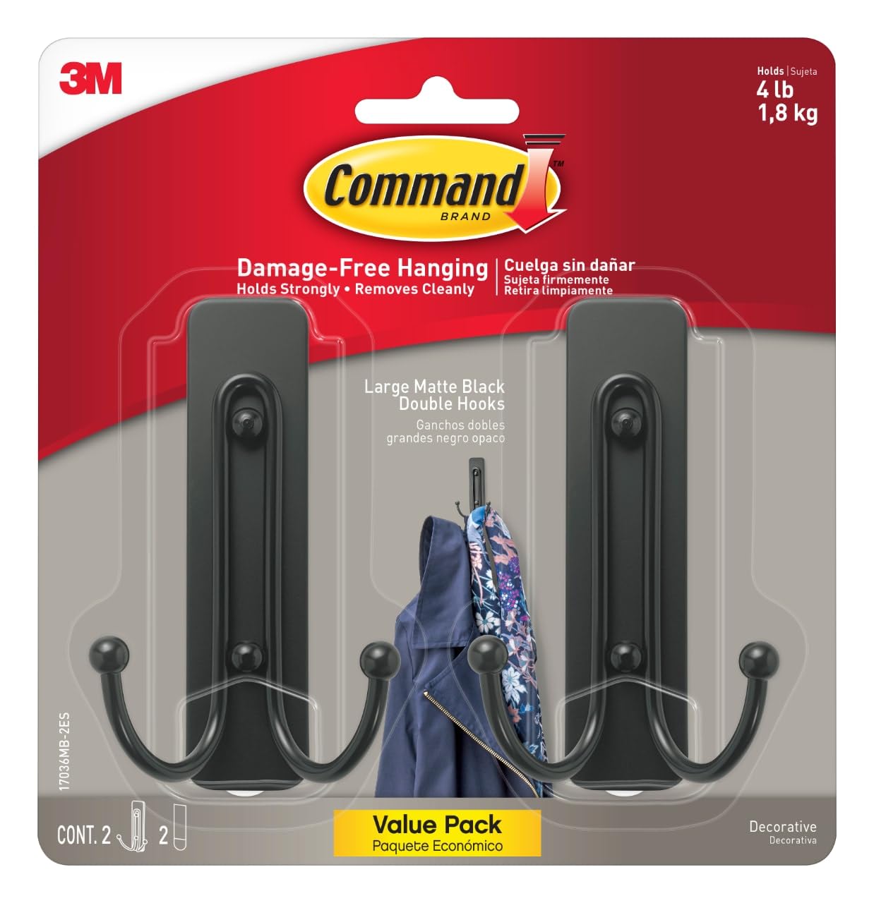 Command Large Matte Black Double Hooks, 2 Hooks and 2 Strips, Damage Free Hangin