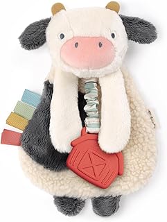 Itzy Ritzy Lovey Including Teether, Teething Relief, 0 Months & Up (Cow) | Baby Lovey With Soft Sherpa, Plush Minky, Silicone Teether, Crinkle Sounds, Textured Ribbons, and Interactive Dangle Arms