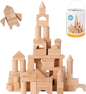100 Pcs Wooden Blocks for Ages 1-3 Building Blocks for Kids | Toddler Gifts Storage Container with Shape Sorter Lid - Natural Beech Wood Blocks - Preschool Learning Toys Stacking Block