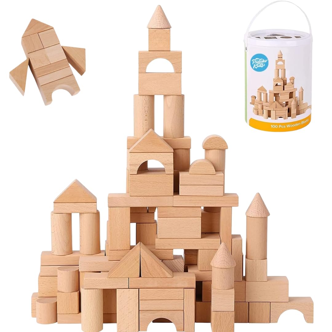 100 Pcs Wooden Blocks for Ages 1-3 Building Blocks for Kids | Toddler Gifts Stor