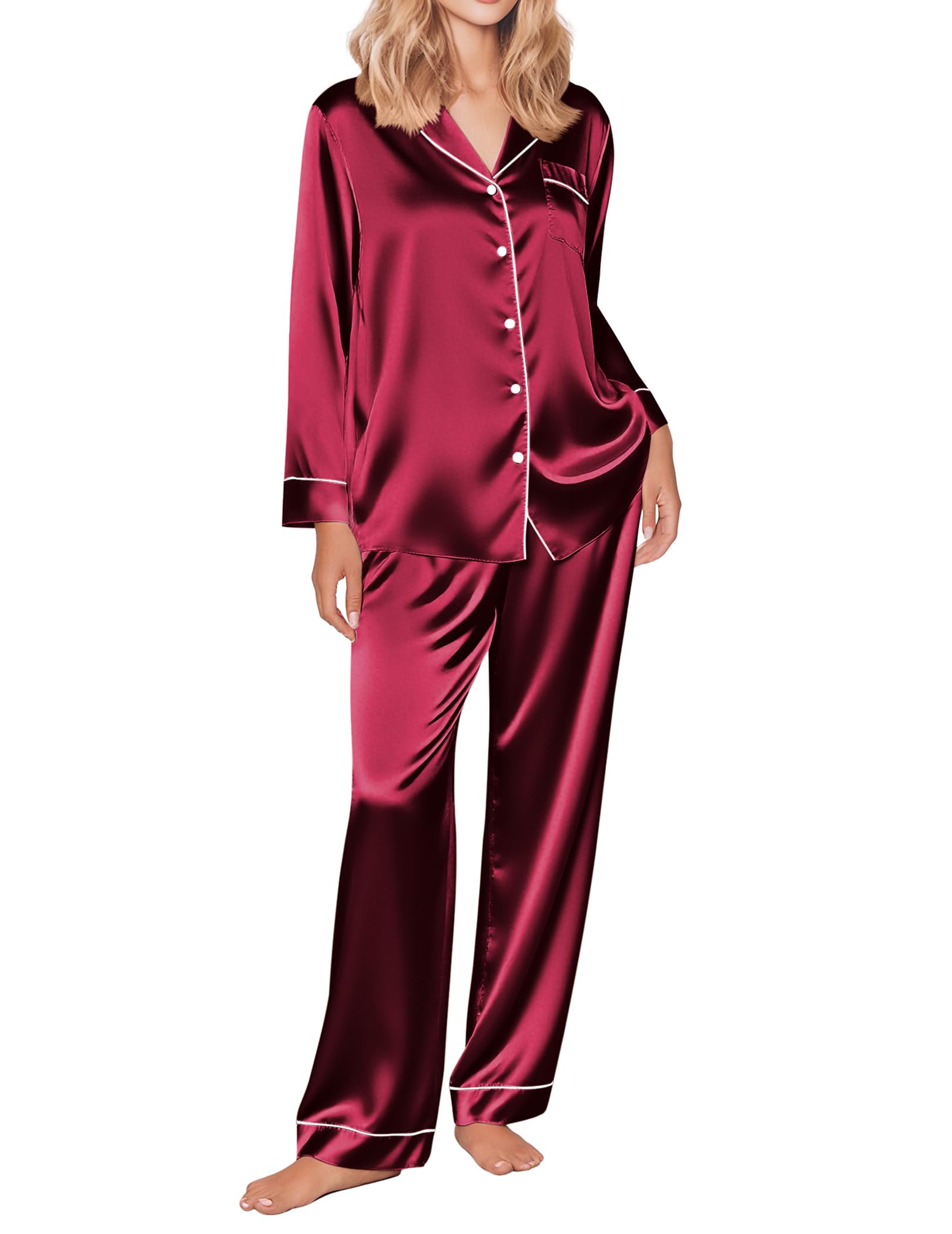 Ekouaer Matching Pajamas for Couples Silk Long Sleeve Satin Soft Button