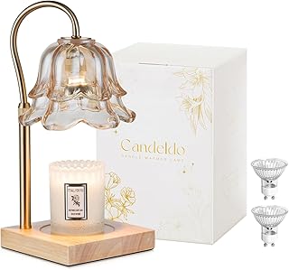 Candeldo Candle Warmer Lamp with Timer, Gold Flower Glass Shade | Height Adjustable, Dimmable, Fits 3-Wick Candles and Wax Melts, Ideal for Bedroom Decor, Birthday Gifts for Women