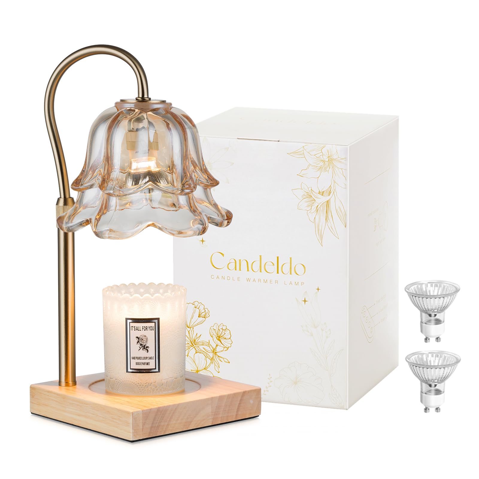 Candeldo Candle Warmer Lamp with Timer, Gold Flower Glass Shade | Height Adjusta