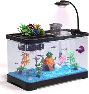 4 Gallon Fish Tank Aquarium Starter Kit with Filter and Light(Medium Black) | Premium Acrylic Aquarium Gift with Half Lid, Hydroponic Basket and Pineapple House for Betta, Shrimp, Snails and Small Fish