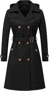 CREATMO US Women's Long Trench Coat Double-Breasted Classic Lapel Overcoat Belted Slim Outerwear Coat with Detachable Hood