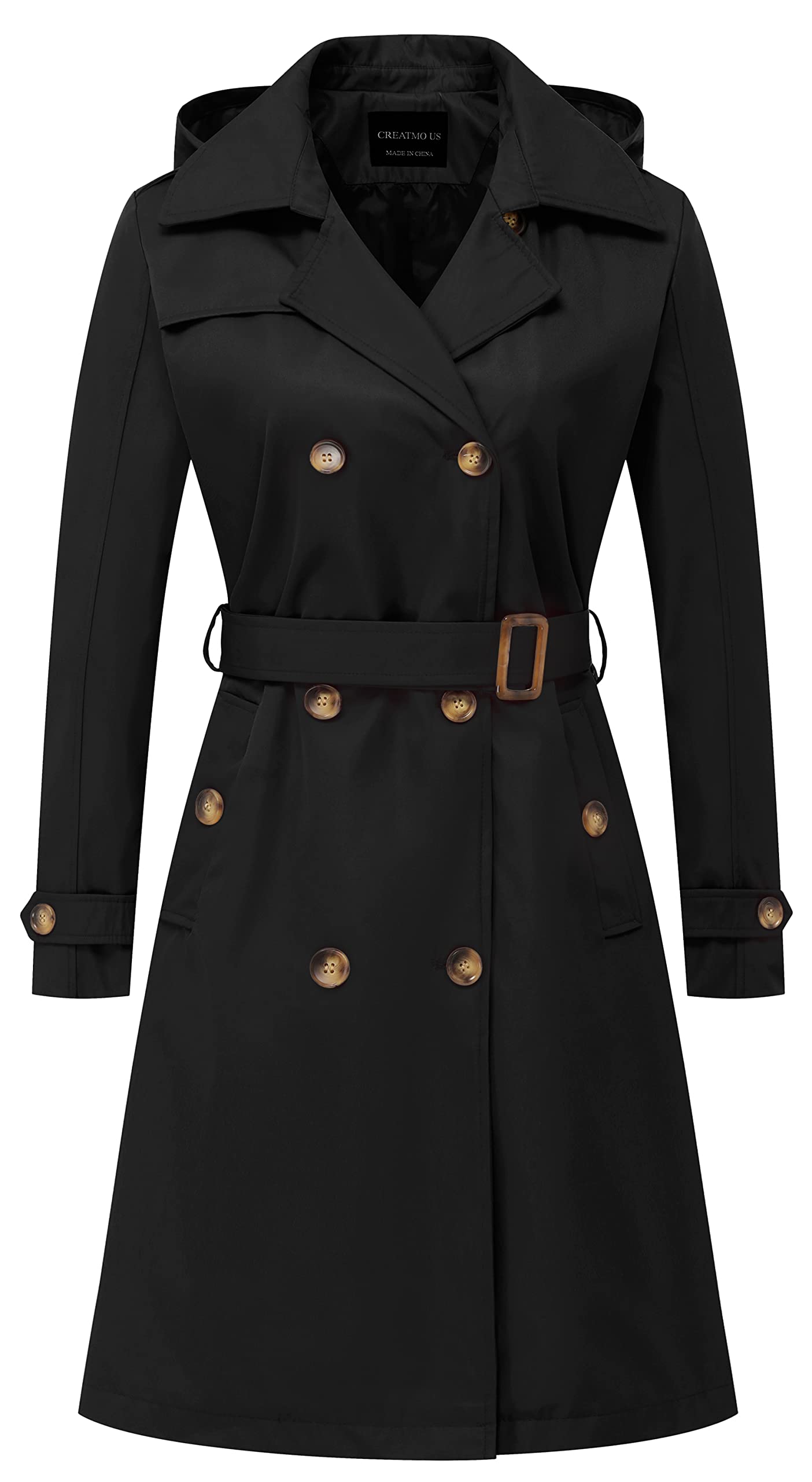 CREATMO US Women's Long Trench Coat Double-Breasted Classic Lapel Overcoat Belte