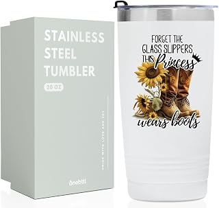 Onebttl Country Girl Gifts, Insulated Stainless Steel Wine Tumbler with Lid and Straw, Western gifts, Cowgirl Stuff for Women, Farm Girl Gifts, White, 20 oz, This princess wears boots