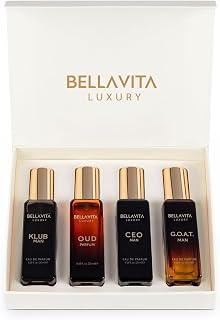BellaVita Luxury Men's Perfume Gift Set with CEO Man, G.O.A.T., KLUB & OUD | 4 x 20ml (80ml) | Long Lasting Perfume for Men | Citrus, Woody, Patchouli & Caramel Notes