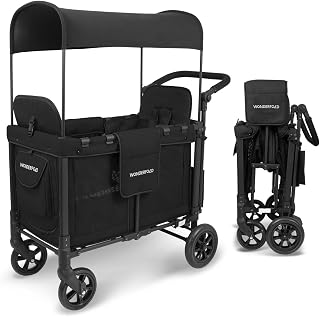 WONDERFOLD W2 Original Double Stroller Wagon Featuring 2 High Face-to-Face Seats with 5-Point Harnesses, Easy-Access Front Zipper Door, and Removable UV-Protection Canopy, Black (Origina)