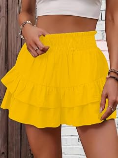 Women's Frill Trim Ruffle Hem Shirred High Waist Shorts, Boho Casual Tiered Layer Shorts for Spring & Summer