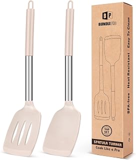 Pack of 2 Silicone Slotted Spatula,Non Stick Solid Kitchen Turner, High Heat Resistant BPA Free Cooking Utensils for Fish, Eggs, Pancakes(Khaki)