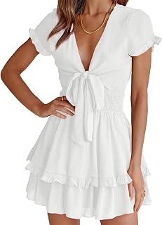 PRETTYGARDEN Women's Summer Swing Mini Dress Tie Front V Neck Short Sleeve Ruffle Layer A-Line Short Dress, White, L, White