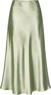 ALCEA ROSEA Womens Satin High Waisted Silky Midi Skirt Elastic A-line Skirt for Wedding Party Work