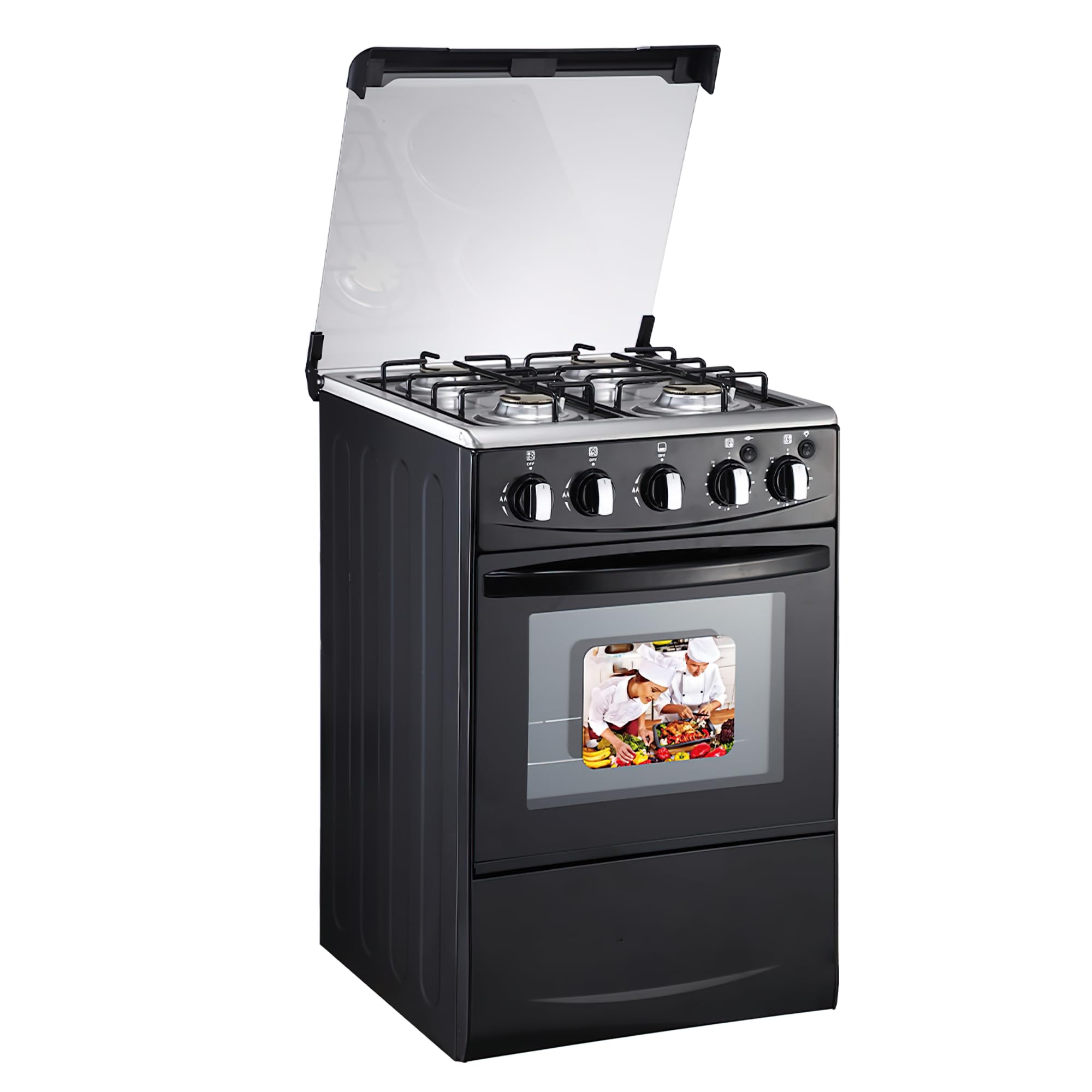 Gas Range with Double-Layer Glass Door, 4 Burners, Cast Iron Rack, 60L Capacity,