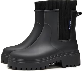 AONETIGER Women's Non-Slip Rain Shoes Chelsea Waterproof Wellington Ankle Boots Fashion Rubber Boots 36-41EU