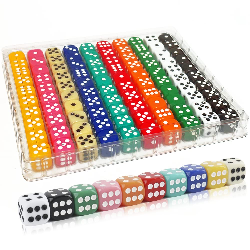 100 Pieces 16MM Dice Set, 6 Sided Colored Dices with Portable Plastic Box | High