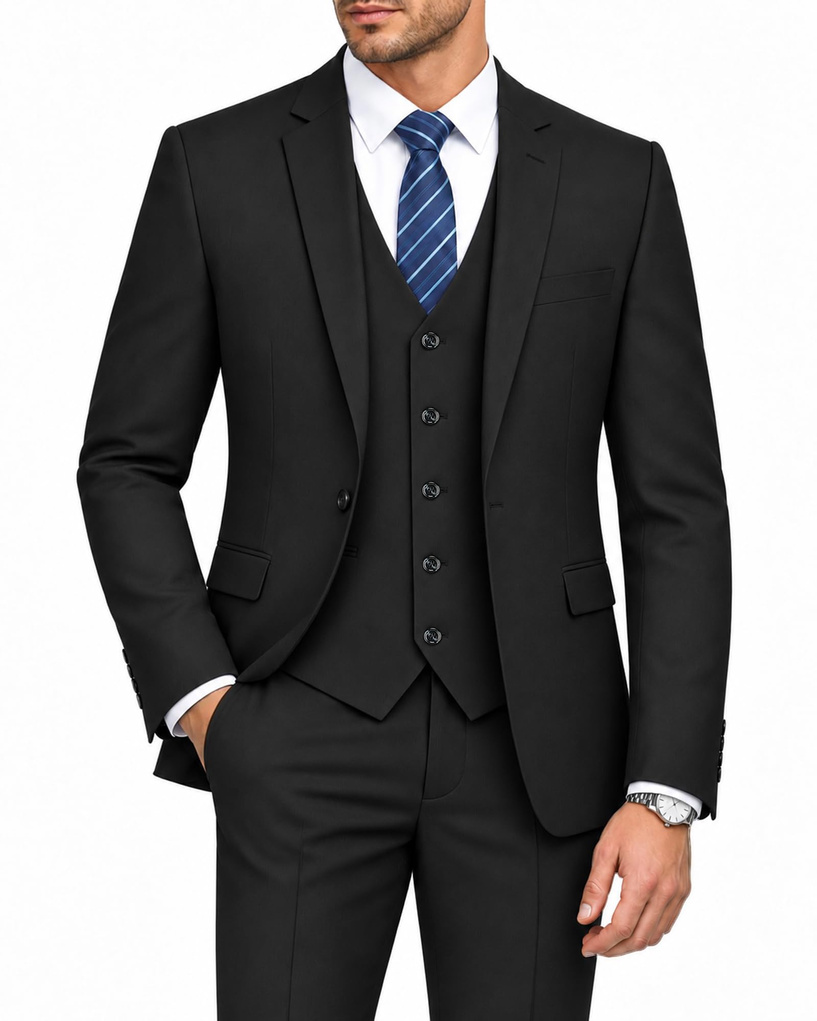 Cooper & Nelson Men's Suit Slim Fit, 3 Piece Suits for Men, One Button Solid Jac
