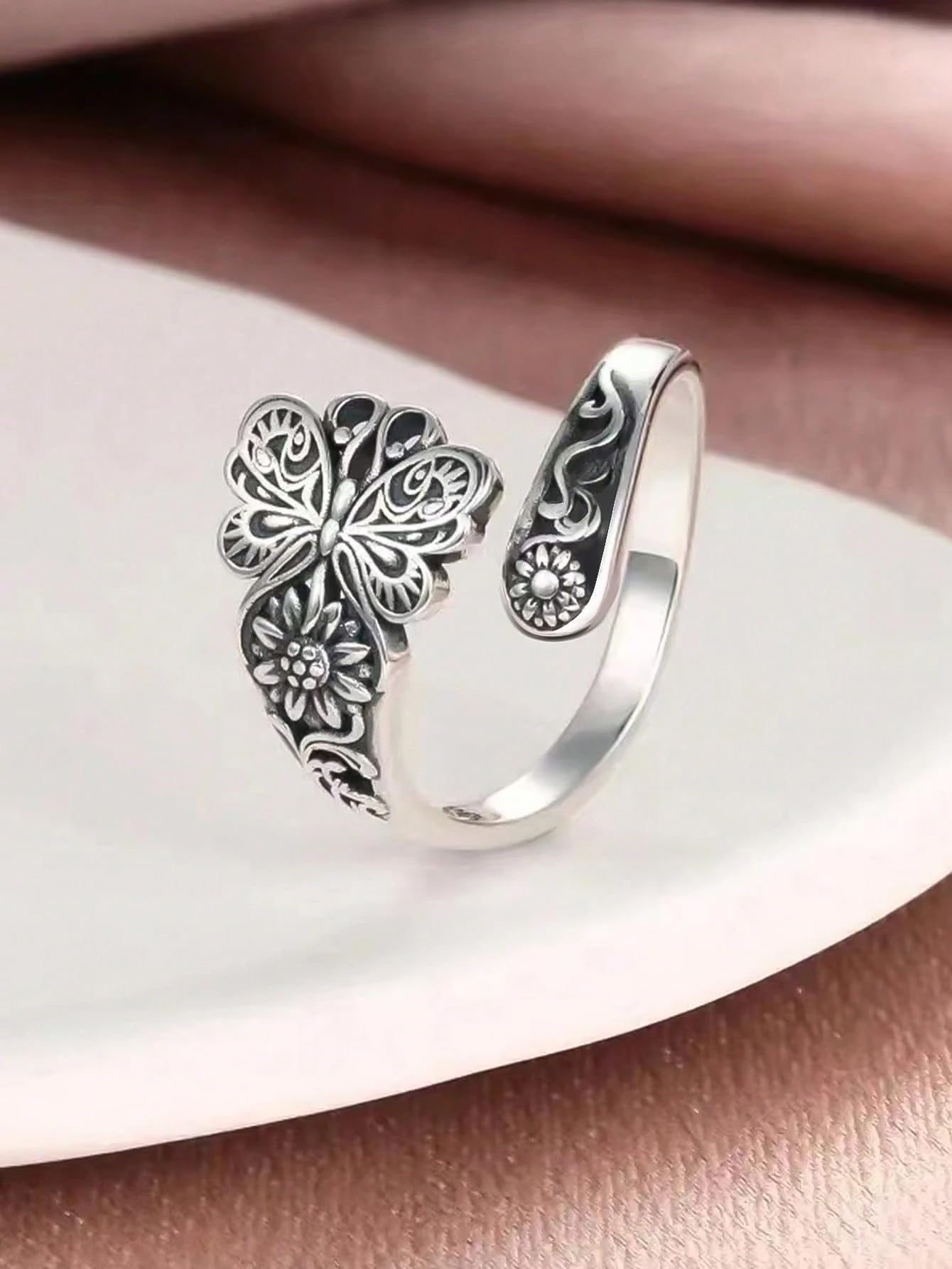 1 PC Silver Floral Open Ring for Women, Elegant Design Stacking Finger Ring, Adj