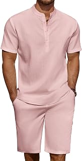 COOFANDY Mens 2 Pieces Linen Set Casual Henley Shirts Beach Pants Outfits