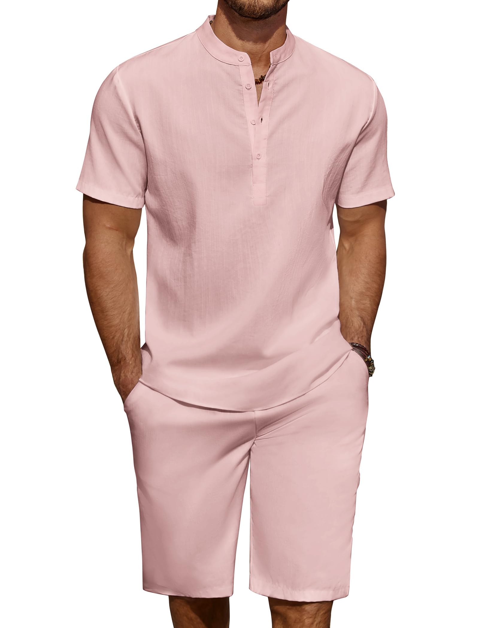 COOFANDY Mens 2 Pieces Linen Set Casual Henley Shirts Beach Pants Outfits