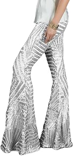 Sequin Pants Women Glitter Sparkly Flared Pants Elastic High Waisted Wide Leg Trousers Silver Club Party Clubwear Size Small
