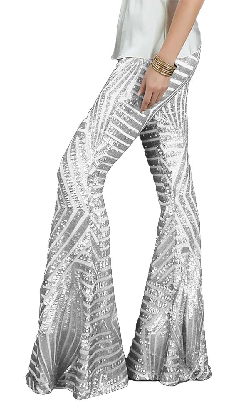 Sequin Pants Women Glitter Sparkly Flared Pants Elastic High Waisted Wide Leg Tr