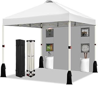 WEIZE 10x10 Pop Up Canopy Tent, 1-Button Push Setup Canopy Tent with 1 Sidewall, Adjustable Height Instant Portable Shelter, Portable Roller Bag,Easy Outdoor Sun Shade for Events,4 Weight Bags,White