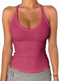 Danysu V Neck Racer Back Tank Tops for Women Padded Fitted Long Basic Cami