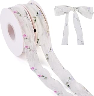 KISSITTY 2 Rolls Sheer Flower Floral Pattern Ribbon Soft Polyester Tulle Organza Craft Decorative Ribbons 1-1/8 Inch for Gift Wrapping Hair Bows Making Crafts Basket Bouquets Garlands Wreath 20 Yards
