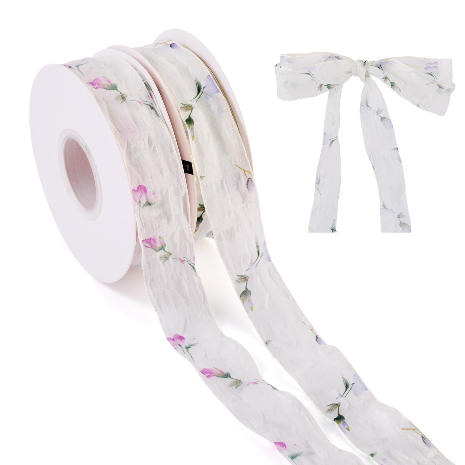 KISSITTY 2 Rolls Sheer Flower Floral Pattern Ribbon Soft Polyester Tulle Organza