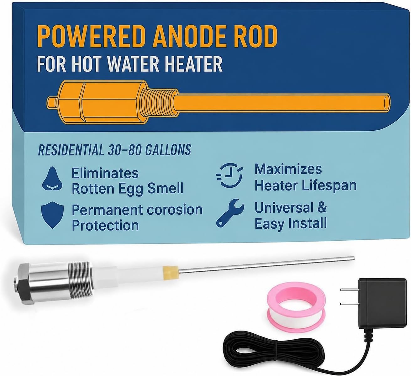 Powered Anode Rod for Hot Water Heater 30-80 Gallon Tank with Teflon Tape | 12" 