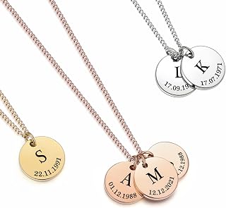 The Magical touch TMT Personalised Initial or Heart Necklace with Heart or Round Pendants, Custom Letterand Date Engraved Necklace for Mum