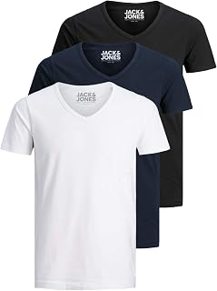 Jack and Jones Men's Basic V-Neck T-Shirt, Pack of 3, Plain, Slim Fit, White, Black, Blue, Grey