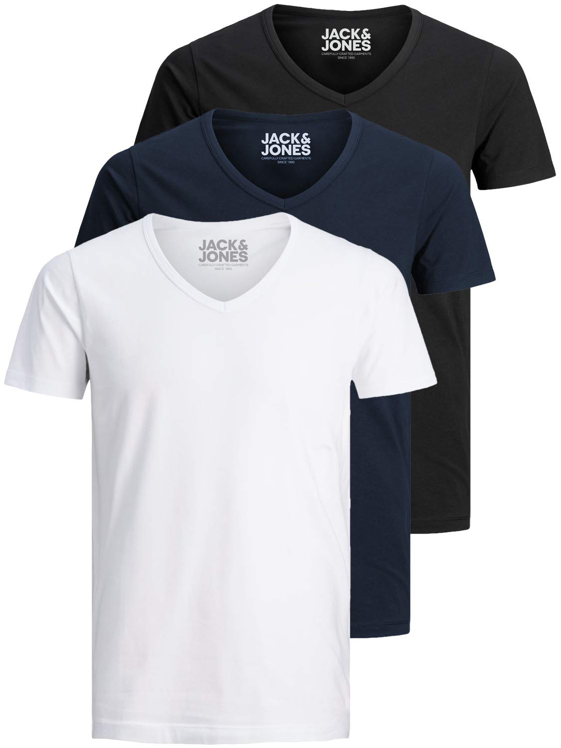 Jack and Jones Men's Basic V-Neck T-Shirt, Pack of 3, Plain, Slim Fit, White, Bl