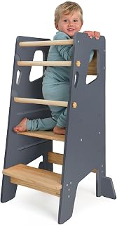 OCODILE Toddler Standing Tower with Safety Bars – Adjustable Step Stool for Kitchen, Bathroom - Toddler Step Stool with Back Protection - Grey