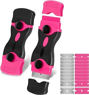 THINKWORK 2Pack Razor Blade Scraper with 20Pcs Blades | Pink Razor Scraper Gift for Women, 2-in-1 Scraper Tool Set, Removing Window Labels, Decals, Stickers, Glass Stove Top